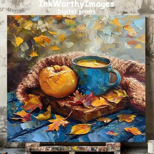 Autumn Still Life Art Print: Mug, Pumpkin, Fall Leaves (Digital Download)