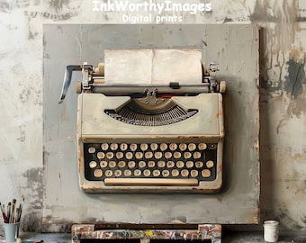 Vintage Typewriter Art Print | Classic Writer&#39;s Machine on Gray Background | Vintage Art Prints | Rustic Home Office Decor | Printable