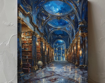 Enchanted Magical Library Under Starry Sky - Halloween Decor | Enchanted Bookstore Art | Literary Gift