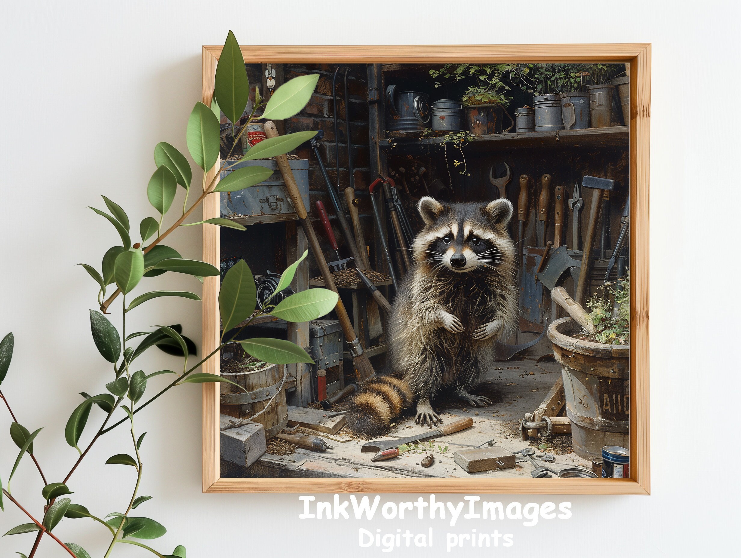 Rustic Raccoon Curious Raccoon in Workshop Rustic Animal Art Woodland Creature Garden ...