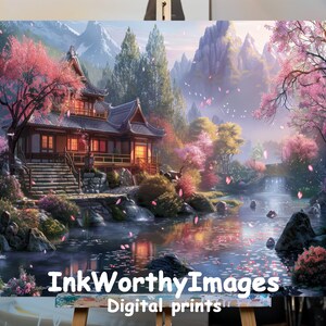 Japanese Cherry Blossom Garden Print: Mountain Landscape Art (Digital Download)