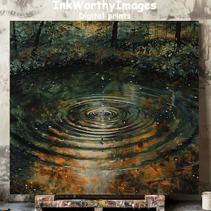 Impresión de arte de estanque de bosque tranquilo / Decoración de reflejo de la naturaleza serena / Pintura de ondas de agua pacífica / Descarga digital / Imprimible