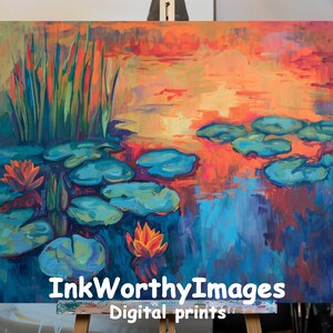 Vibrant Water Lilies Wall Art | Colorful Sunset Pond Scene | Abstract Nature Landscape | Bold Home Decor | Artistic Print | Printable