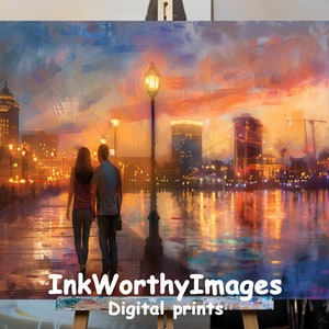 Evening Stroll by the City Lights | Urban Romance | Digital Art Print | Downloadable Wall Art | PRINTABLE