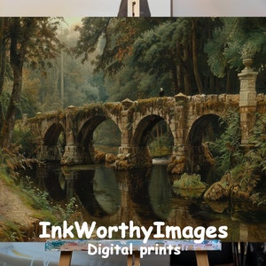 Historic Stone Bridge Art | Tranquil Woodland Stream Scene | Serene Nature Landscape | Modern Wall Art | Digital Download | Printable