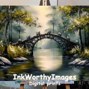 Mystical Stone Bridge Art | Tranquil Forest Stream Scene | Serene Nature Landscape | Modern Wall Art | Digital Download | Printable