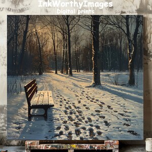 Winter Park Bench Print: Snowy Forest Path Art (Digital Download)