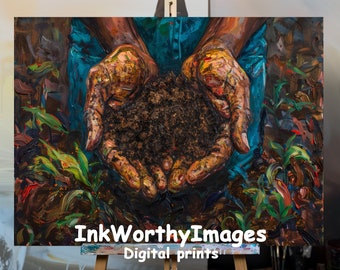 Hands Holding Soil Art Print: Vibrant Nature Painting (Digital Download)