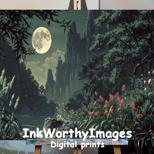 Moonlit Mountain Garden Art: Mystical Floral Landscape (Printable)