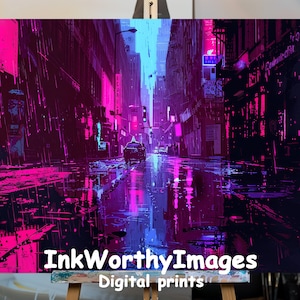 Cyberpunk Rainy Cityscape | Neon Night Street Art | Futuristic Urban Landscape | Digital Print | Sci-Fi Wall Art|Cyber City Decor |PRINTABLE