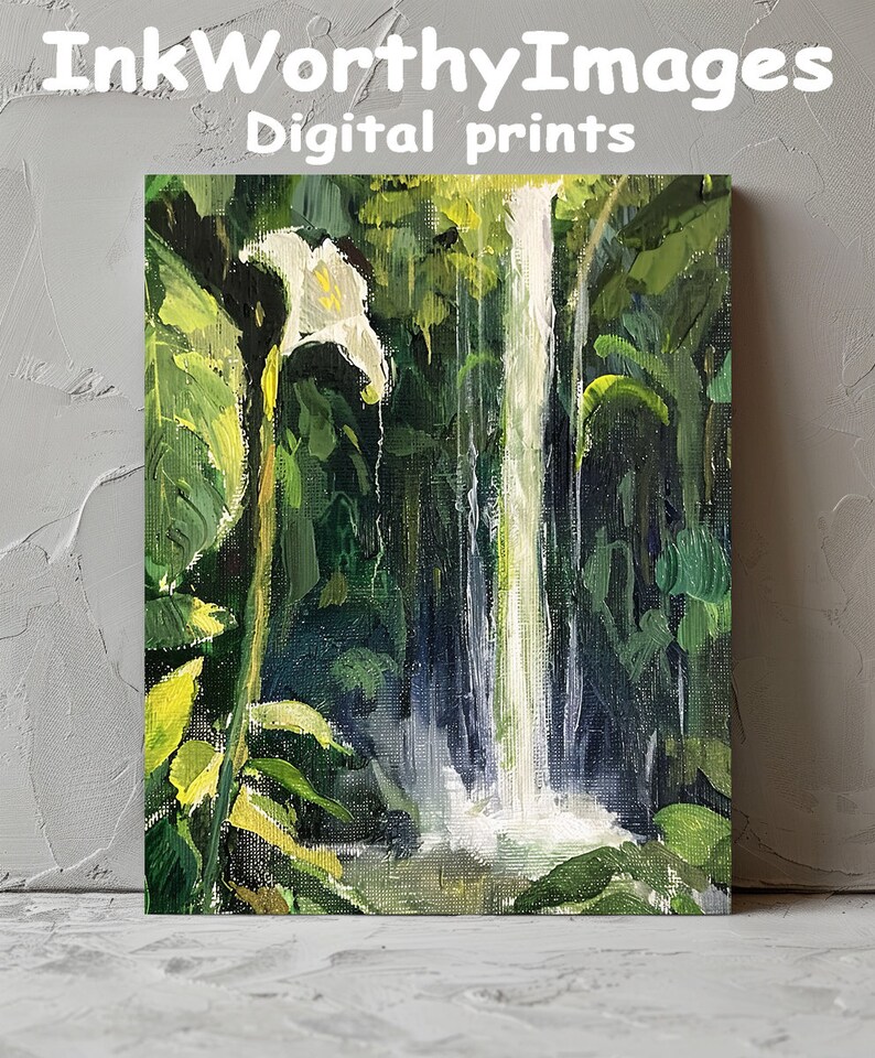 Tropical Waterfall with White Lily Lush Jungle Art Nature Landscape