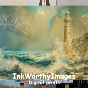 Abstract Lighthouse Seascape Art Print: Stormy Ocean Waves (Digital Download)