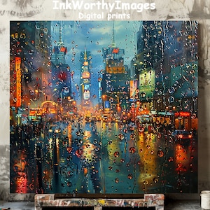 Rainy City Night Lights Digital Print | Colorful Urban Streetscape Artwork | Vibrant Raindrops Wall Art | Modern City Decor | PRINTABLE