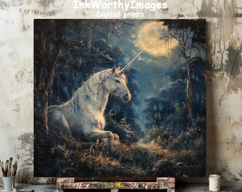 Magical Unicorn Art Print | Enchanted Forest Scene | Fantasy Wildlife Decor | Home Office Decor | Printable