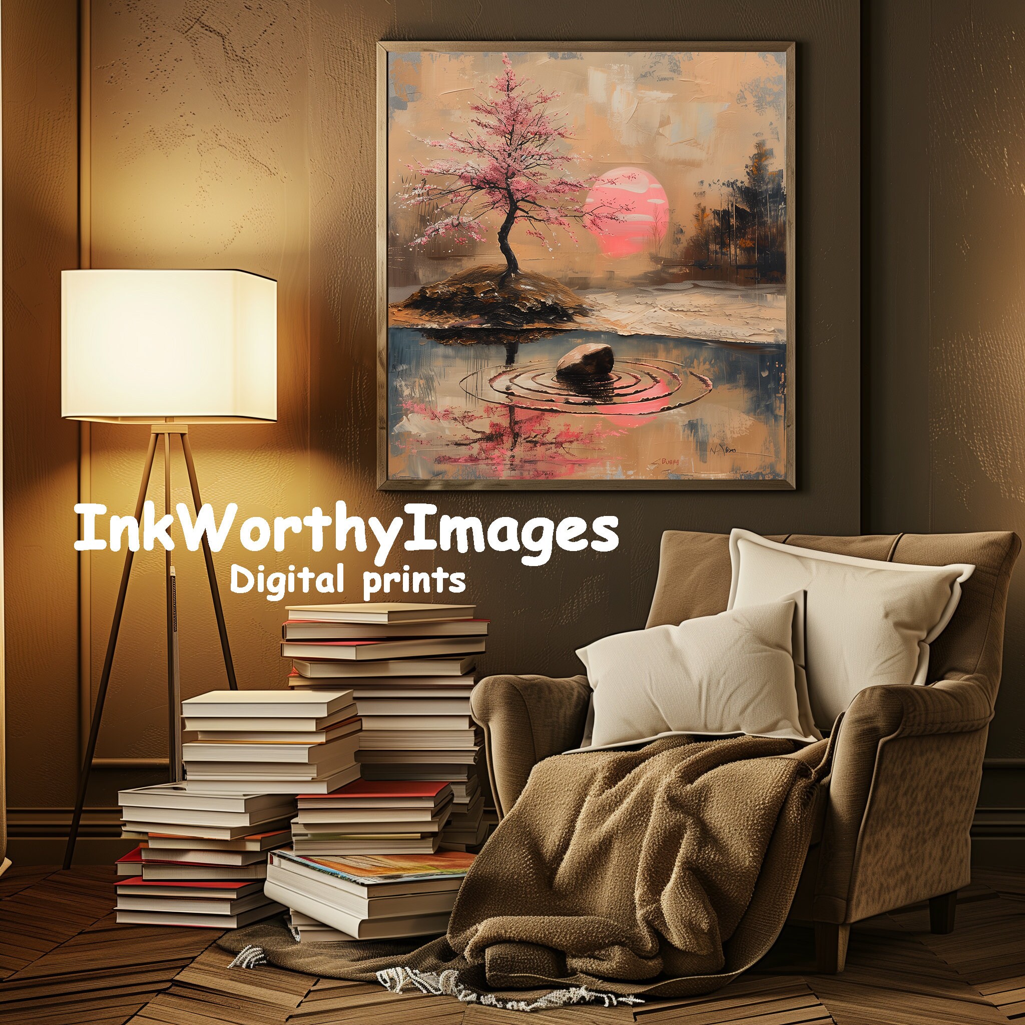 Cherry Blossom at Sunset | Tranquil Pond Art | Sakura Tree Painting ...