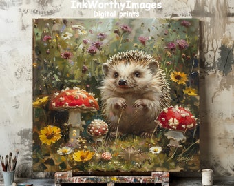 Adorable Hedgehog in Flower Meadow | Enchanting Forest Scene | Whimsical Nature Art | Printable