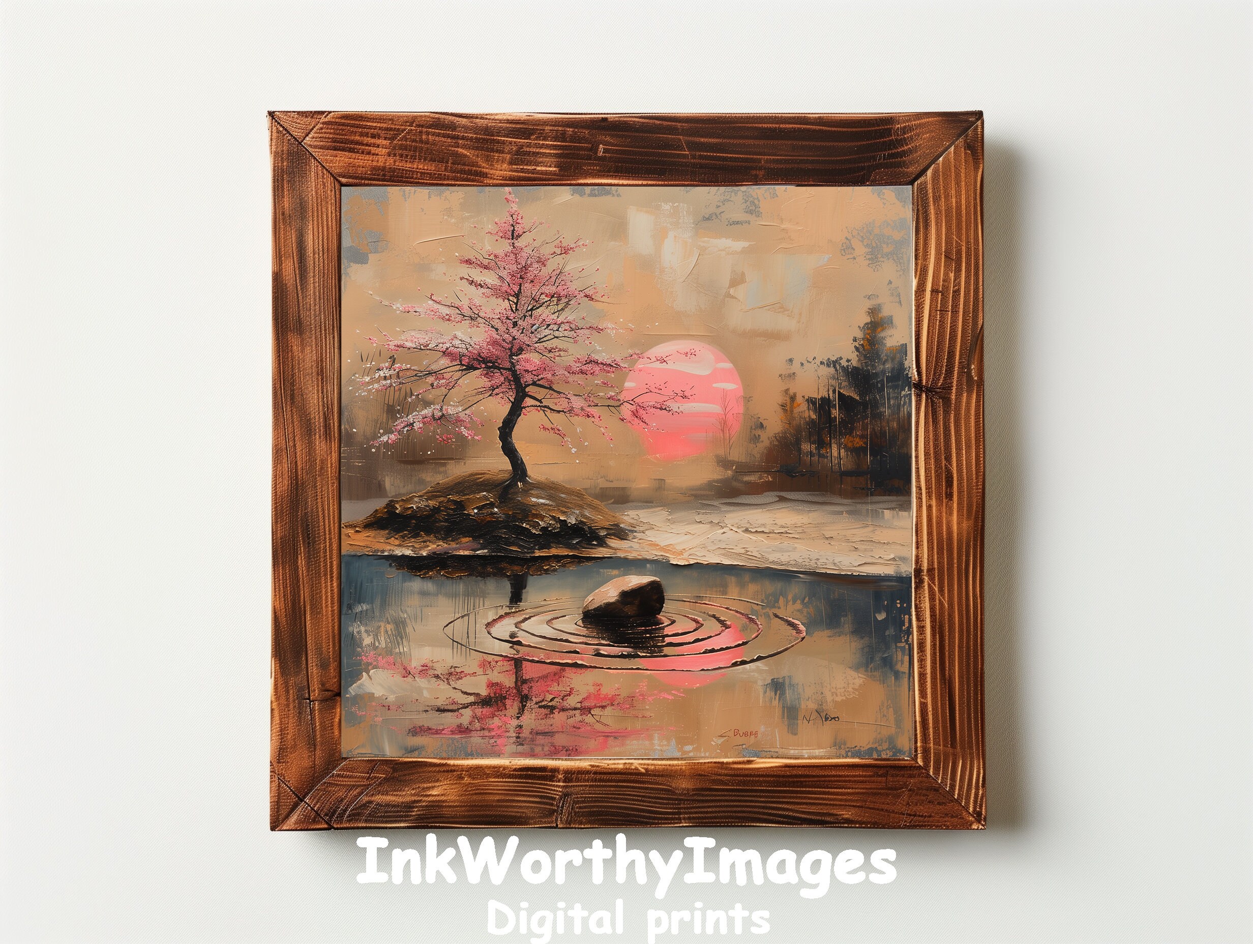 Cherry Blossom at Sunset | Tranquil Pond Art | Sakura Tree Painting ...