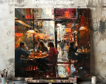 Cozy Urban Parisan Cafe | Coffee Bar Decor | Warm Evening Street Scene Art | Intimate City Life Decor | Vibrant Nightlife | Interior Design