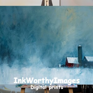 Winter Farm Scene Print: Red Barn in Snow, Rustic Landscape (Digital Download)
