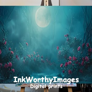Moonlit Forest Painting: Mystical Floral Night Garden (Printable)