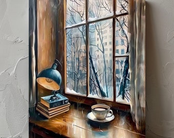 Cozy Winter Window Wall Art | Snowy Day with Coffee and Books | Printable