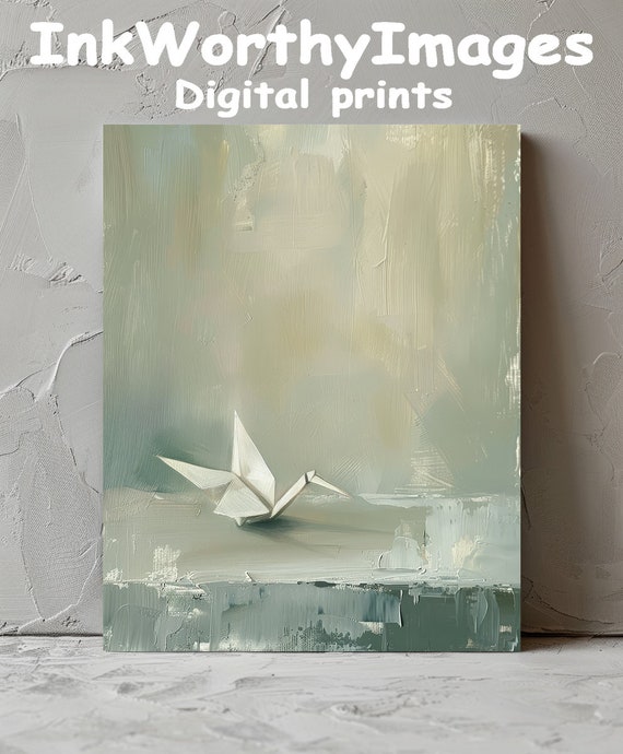 Minimalist Origami Crane Art Print: Tranquil Landscape (Digital Download)