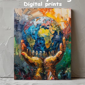 World in Hands Painting | Colorful Earth Art | Unity and Diversity Decor | Vibrant Global Print | Printable