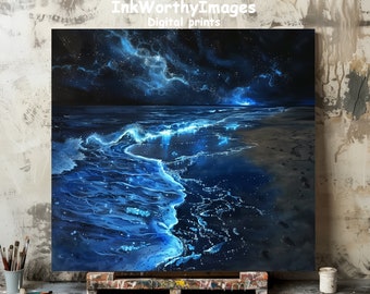 Bioluminescent Beach Night | Glowing Ocean Waves | Magical Seascape Art | Starry Night Shoreline | PRINTABLE