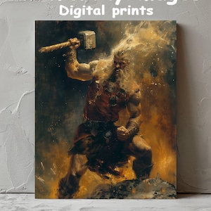 Viking Warrior with Hammer Painting | Norse Mythology Art | Mighty Thor Decor | Epic Viking Battle Print | Thor | God of Thunder | Printable