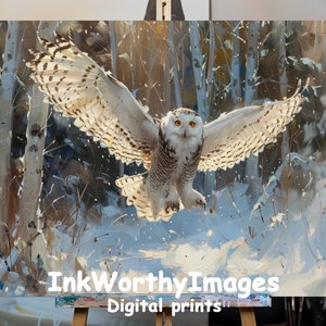 Snowy Owl Flight Art Print: Winter Forest Wildlife Decor (Digital Download)