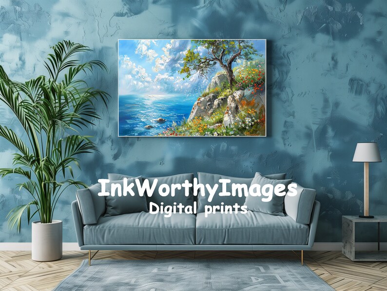 Coastal Decor Olive Tree Vibrant Wildflowers Ocean View Digital Art