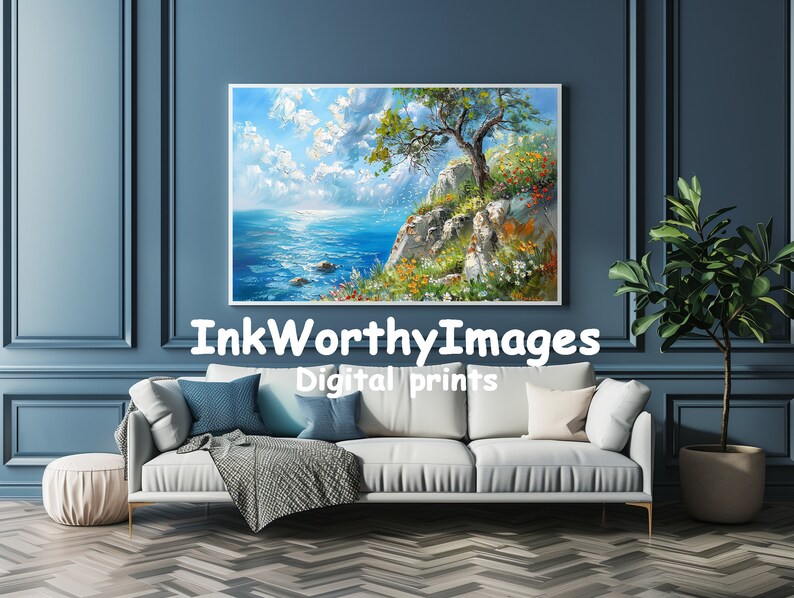 Coastal Decor Olive Tree Vibrant Wildflowers Ocean View Digital Art