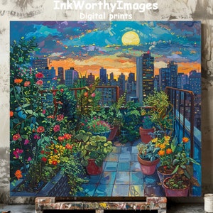 Urban Balcony Garden Sunset Art Print: City Rooftop View (Printable)