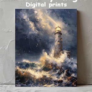 Stormy Lighthouse Seascape Art Print: Coastal Home Decor (Digital Download)