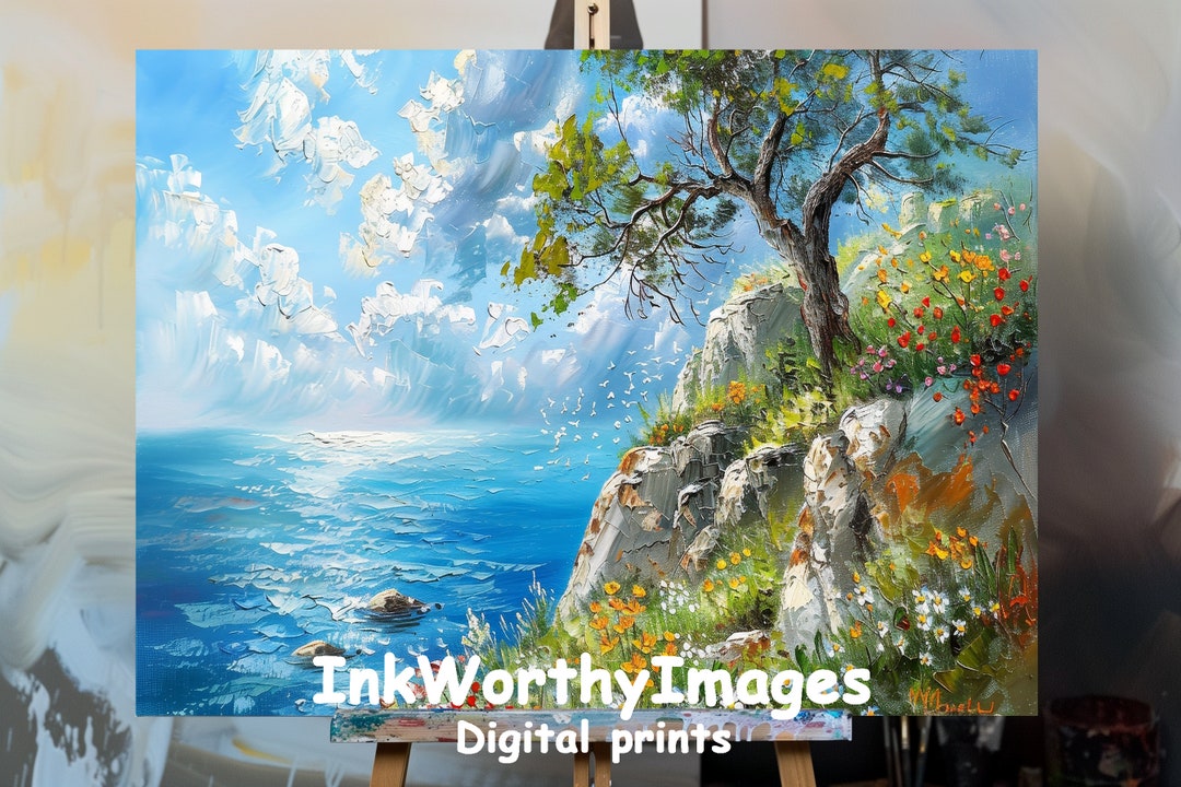 Coastal Decor Olive Tree Vibrant Wildflowers Ocean View Digital Art