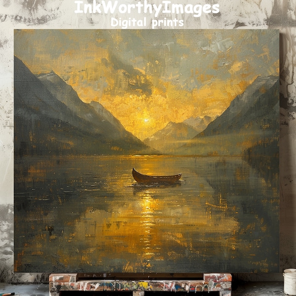 Golden Mountain Lake Sunset Art Print | Solitary Canoe Reflection | Peaceful Wilderness Scene | PRINTABLE