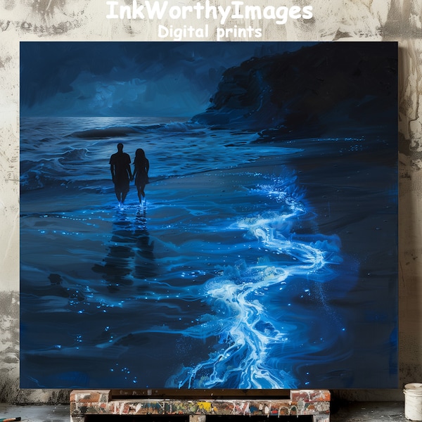 Moonlit Beach Walk | Luminous Waves Art | Romantic Night Seascape | Couple on Shore | PRINTABLE