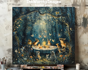 Enchanted Forest Animals Art Print | Whimsical Woodland Dinner Scene | Magical Nature Decor | Digital Download | Printable