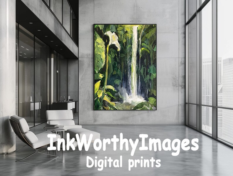 Tropical Waterfall with White Lily Lush Jungle Art Nature Landscape