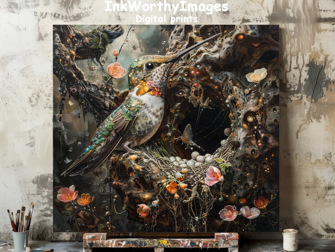 Magical Hummingbird Art Enchanted Forest Scene Wildlife Painting ...
