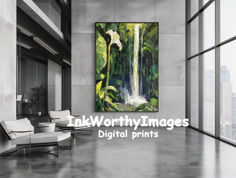 Tropical Waterfall with White Lily Lush Jungle Art Nature Landscape