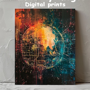 Digital World Map in Abstract Colors | Futuristic Global Art | Modern Map Wall Decor | High-Tech Earth Print | Printable