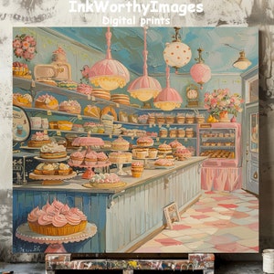 Encantadora impresión de arte de panadería vintage / Interior de pastelería pastel / Escena de tienda de postres dulces / IMPRIMIBLE