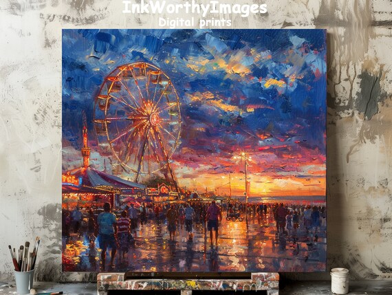 Enchanted Evening Fairground Art Print | Luminous Ferris Wheel and 