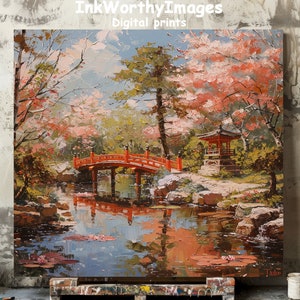 Sakura Zen Garden Oil Painting: Japanese Bridge & Pond (Printable)