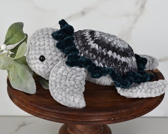 Gray and Striped Gray Crochet Turtle with Green Petals