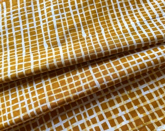 Cross Stripe Hand Dyed and Patterned Cotton Fabricin White and Mustard