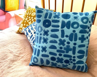 Symbols Hand Patterned and Dye Pillow Cover in Pale Blue and Indigo