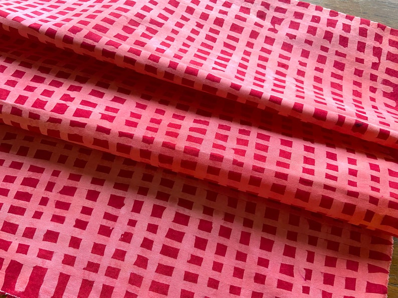 Cross Stripe Hand Dyed and Patterned Cotton Fabric in Coral and Red image 1