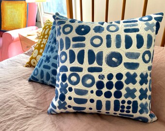 Symbols Hand Dyed and Patterned Pillow in Indigo and White